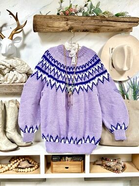 Artisan sweater dress/tunic for purple/lavender lovers w cabin Fair Isle pattern